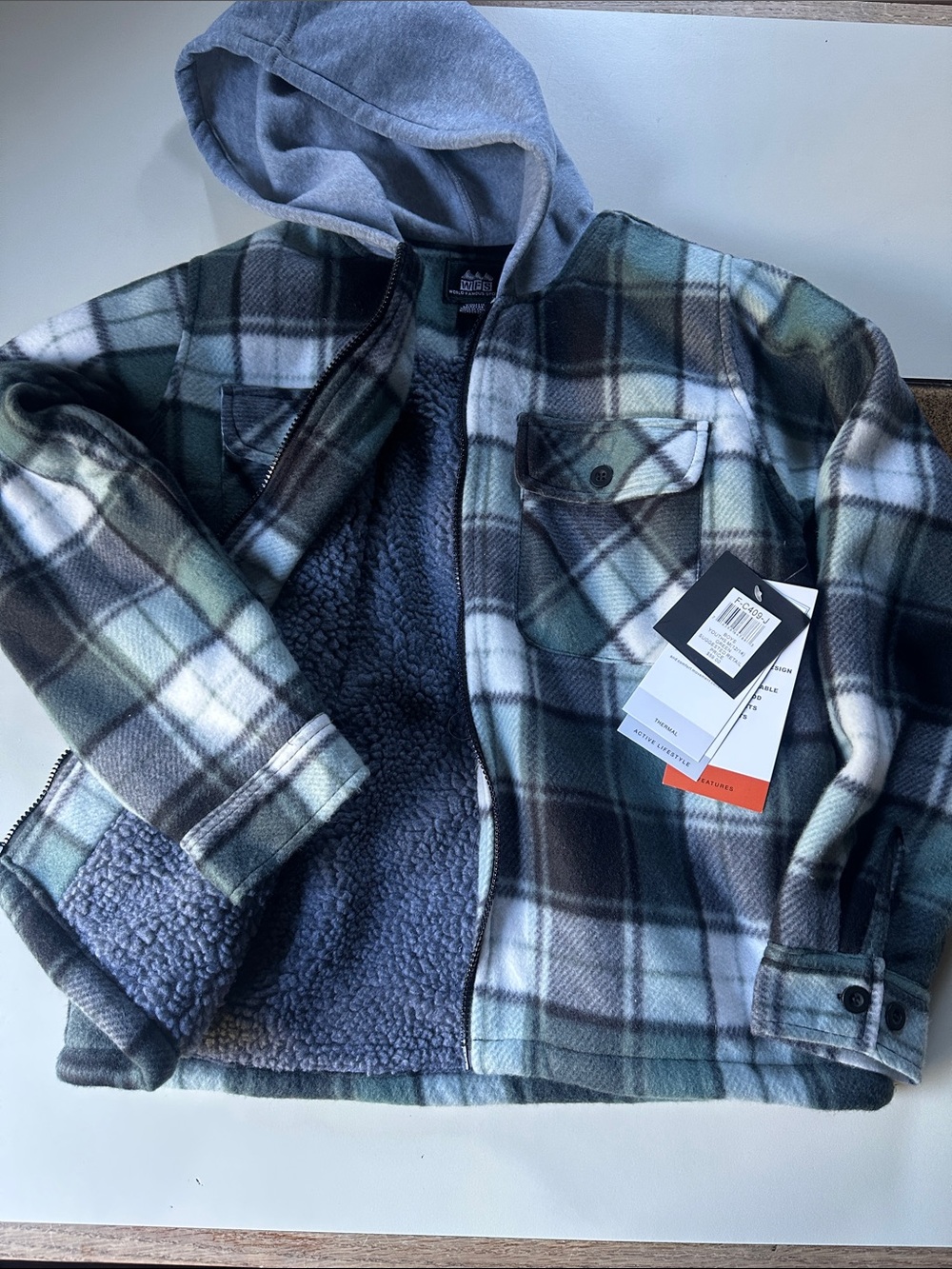 Kids Plaid Sherpa-Lined Hooded Jacket - Gray & Green